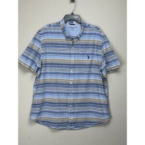 U.S. Polo Assn. Shirt Mens 2XL Blue Button Striped Short Sleeve Collard Spring